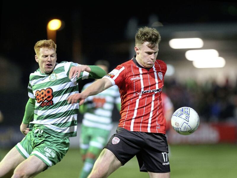 Derry City Cameron McJannet with Rory Gaffney of Shamrock Rovers at the Brandywell during the Airticity League Premier Division match on Friday night Picture: Margaret McLaughlin 