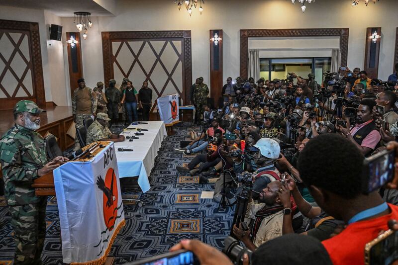 Rebel leader Corneille Nangaa addresses a news conference in Goma (Moses Sawasawa/AP)