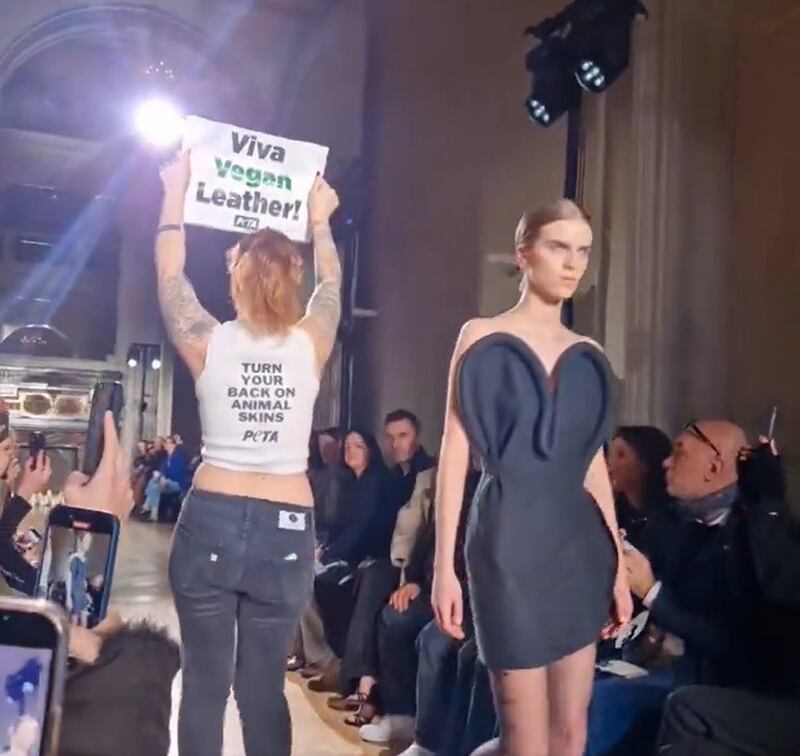 Activists were holding up signs saying “viva vegan leather”