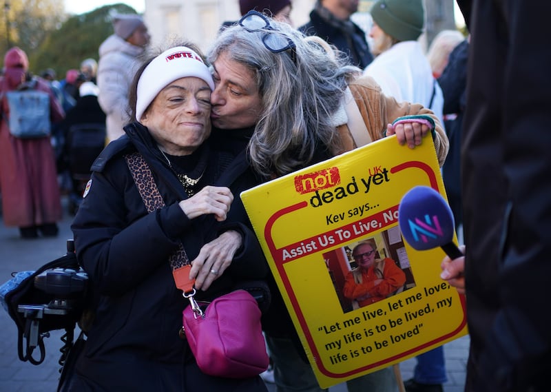 Actress Liz Carr (left) takes part in a demonstration at Old Palace Yard in Westminster, London, to oppose the Terminally Ill Adults (End of Life) Bill