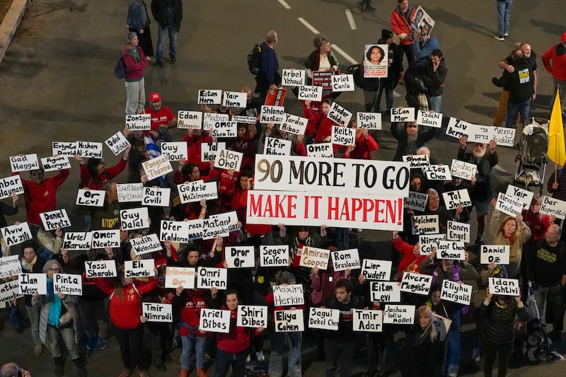 Demonstrators protest calling for the immediate release of the hostages held in the Gaza Strip (AP/Ohad Zwigenberg)