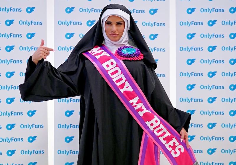 Katie Price dressed as a nun wearing a sash saying ‘My Body My Rules’ as she announced her Only Fans website