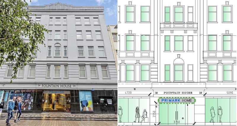 Fountain House (left) and the plans submitted to Belfast City Council.