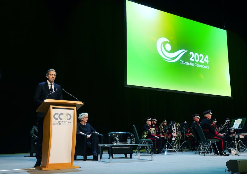 Taoiseach Simon Harris speaks at a citizenship ceremony at the Convention Centre in Dublin in June