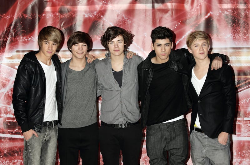 One Direction Liam Payne, Louis Tomlinson, Harry Styles, Zayn Malik and Niall Horan attending a press conference for The X Factor