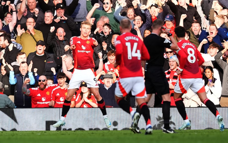 Rasmus Hojlund celebrates scoring against Brentford