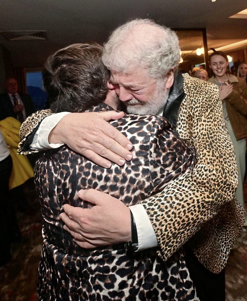 James embraces dad Ivan Martin at the Belfast party to welcome the 31-year-old actor back to Belfast after An Irish Goodbye won Best Short Film at last Sunday&#39;s Academy Awards. Picture by Colm Lenaghan/Pacemaker. 