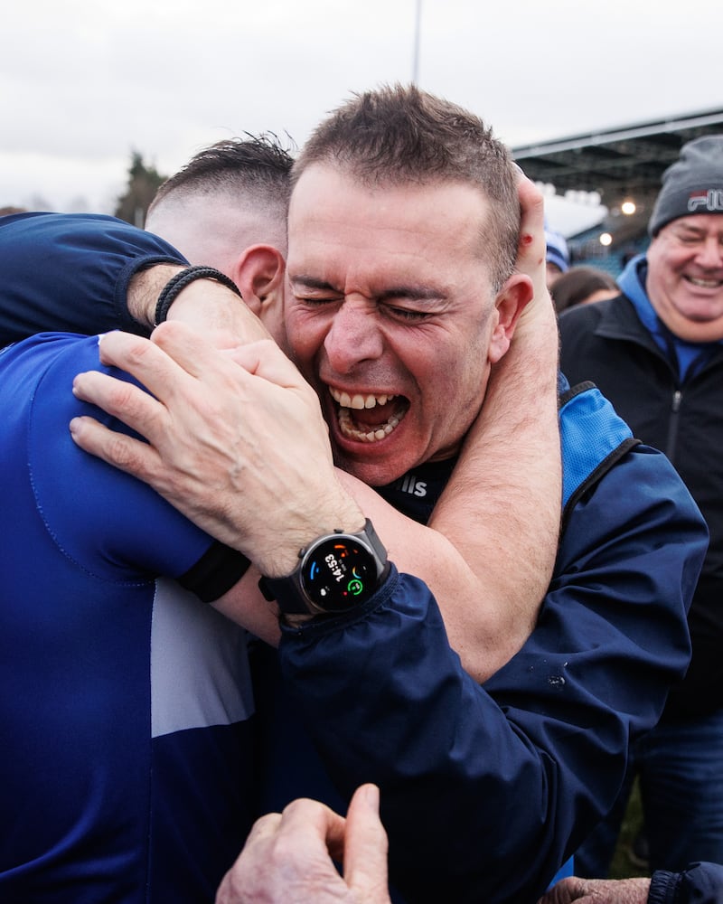 Sarsfields Manager Johnny Crowley celebrates after the game