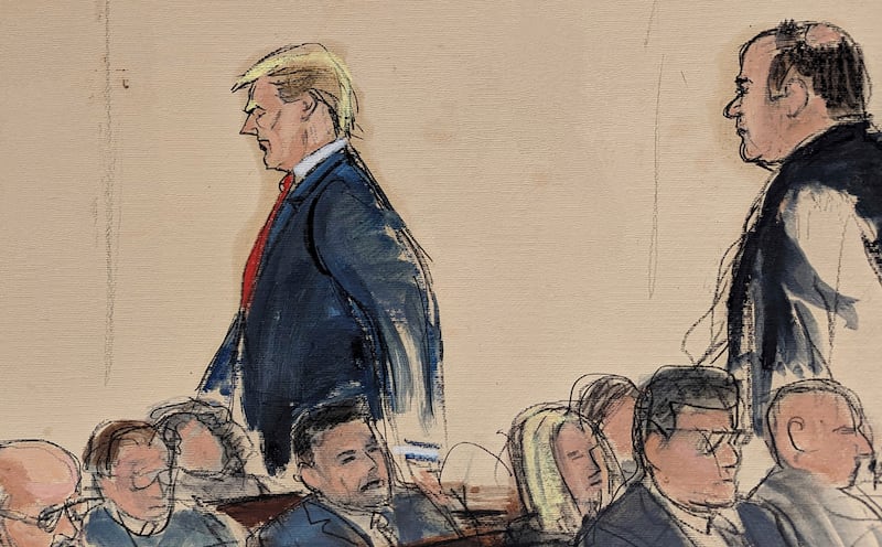 A courtroom sketch shows Donald Trump walking out of the court while the closing speeches are being heard (Elizabeth Williams via AP)