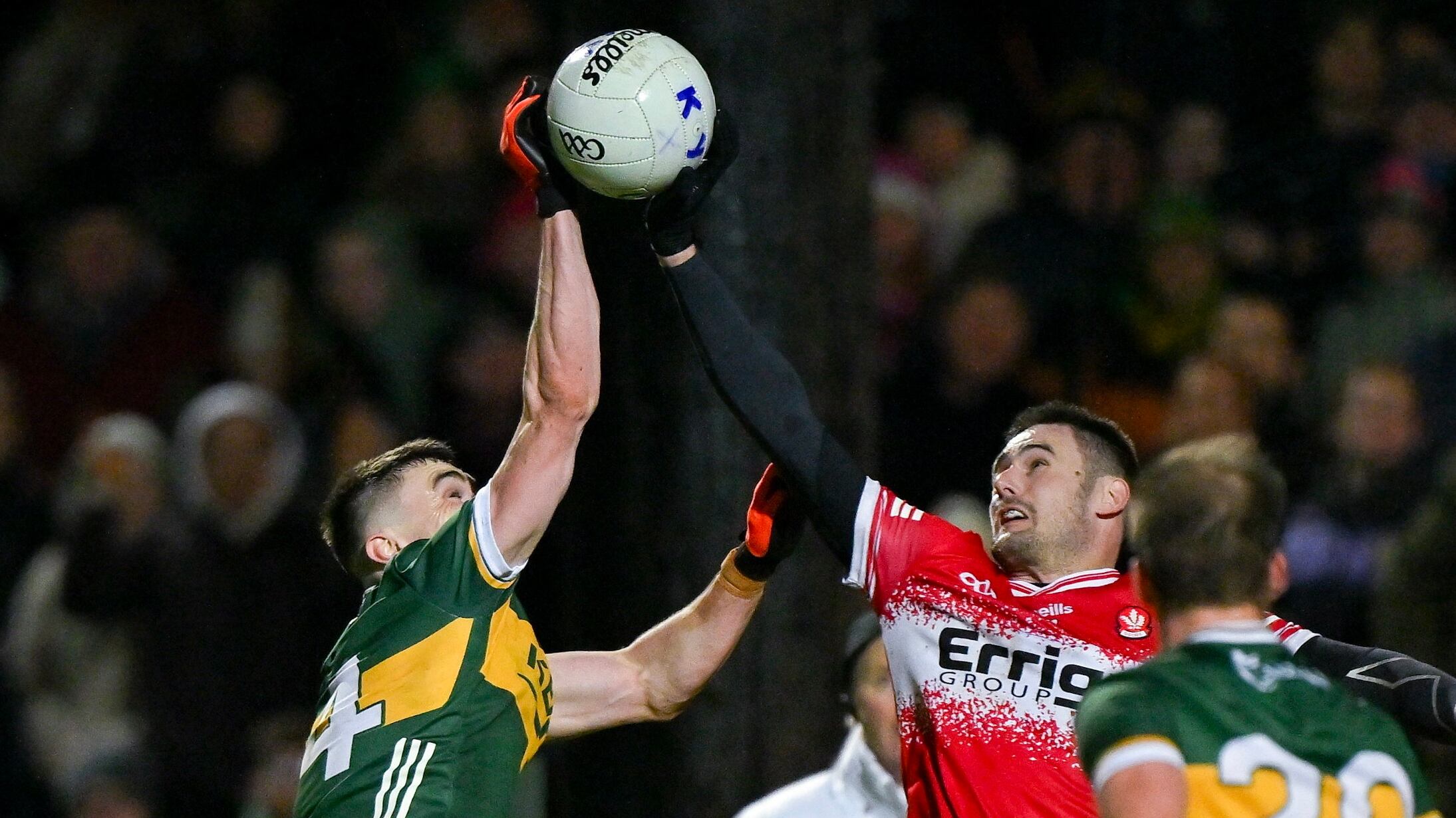 27 January 2024; Chrissy McKaigue of Derry blocks a goalbound effort from Sean O'Shea of Kerry during the Allianz Football League Division 1 match between Kerry and Derry at Austin Stack Park in Tralee, Kerry. Photo by Brendan Moran/Sportsfile