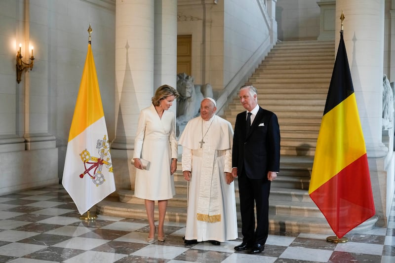 Pope Francis with King Philippe and Queen Mathilde in the Castle of Laeken, Brussels (Andrew Medichini/AP)