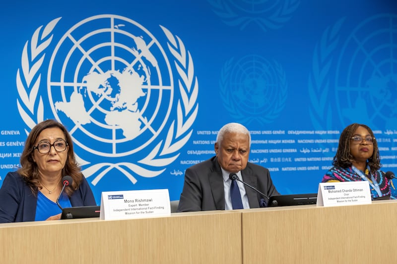 The United Nations’ Fact-Finding Mission’s expert member Mona Rishmawi, left, its chairman Mohamed Chande Othman and expert member Joy Ngozi Ezeilo present its first investigative report to the media in Geneva, Switzerland on Friday (Salvatore Di Nolfi/Keystone via AP)