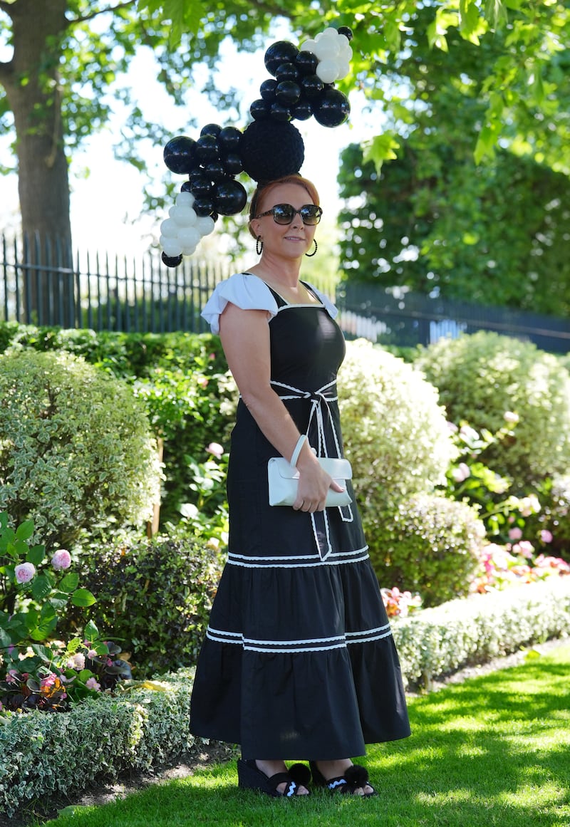 Racegoer Colleen Lynott continues the monochrome theme with black and white bubbled hat