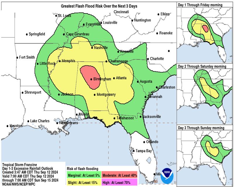 Latest graphic from the National Hurricane Center showing flash flooding risk for the next three days (National Hurricane Center)