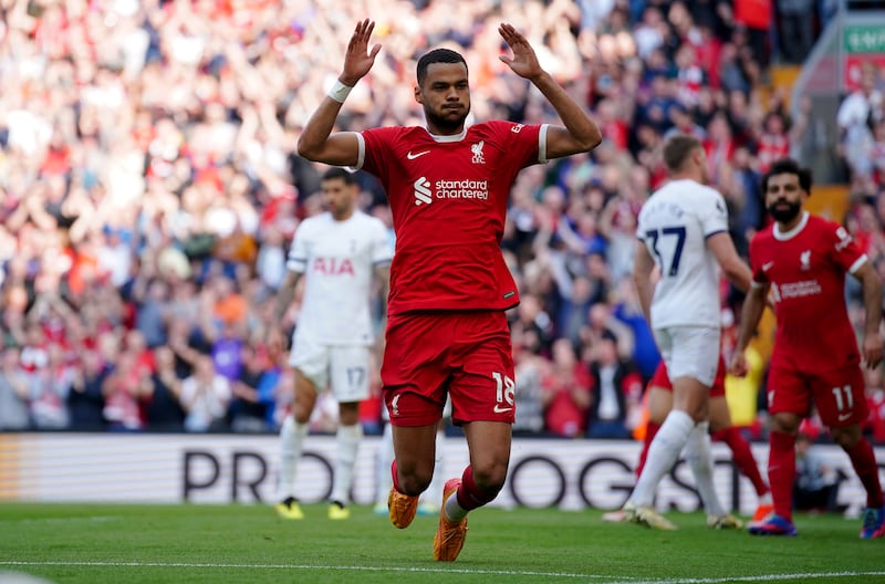 Liverpool’s Cody Gakpo celebrates their third goal