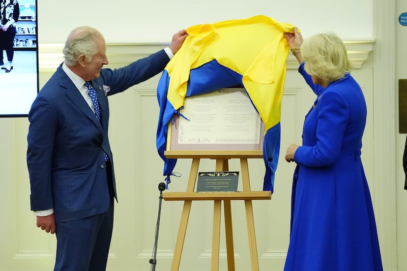 The King and Queen during a visit to Liverpool Central Library, to officially mark its twinning with Ukraine’s first public library