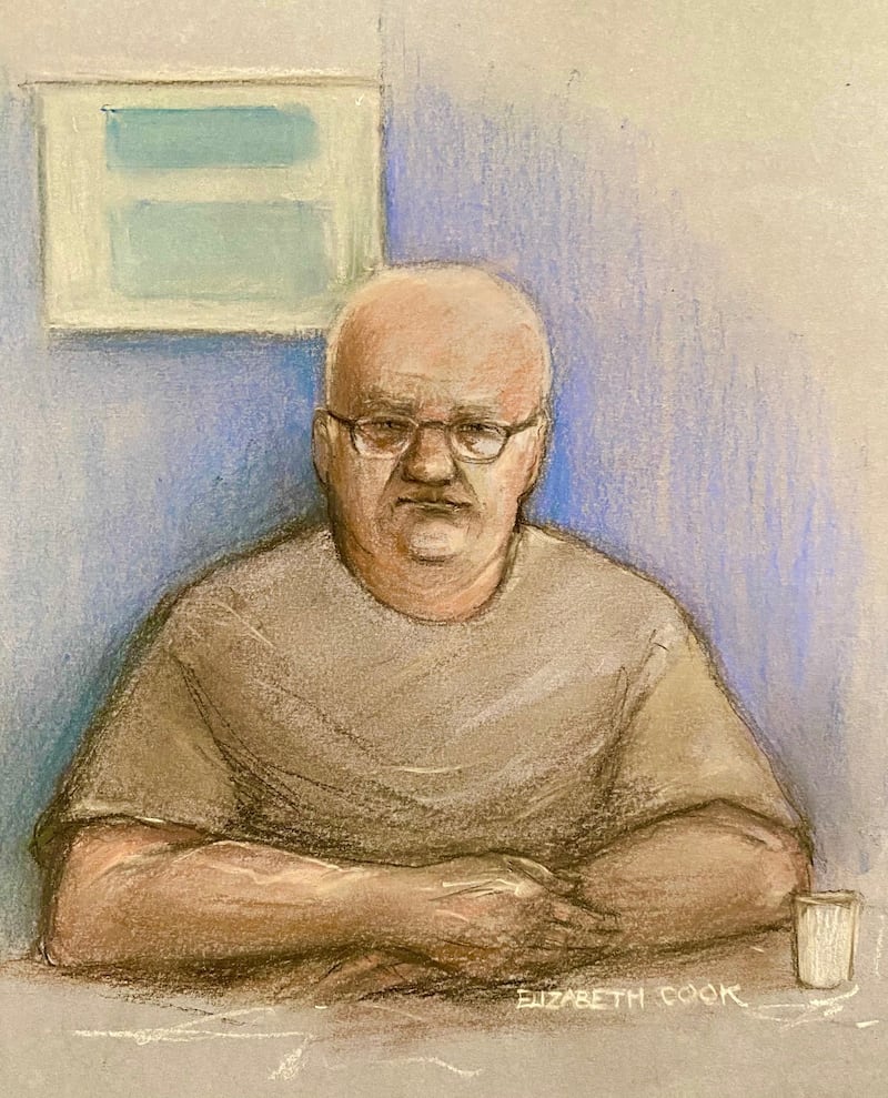 Court artist sketch of Steve Wright appearing at court via videolink from custody