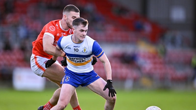 Ruairi Canavan of Errigal Ciaran in action against Shea Heffron of Clann Éireann during the AIB Ulster GAA Senior Club Football Championship semi-final match between Clann Éireann and Errigal Ciaran at Páirc Esler in Newry, Down. Photo by Stephen Marken/Sportsfile