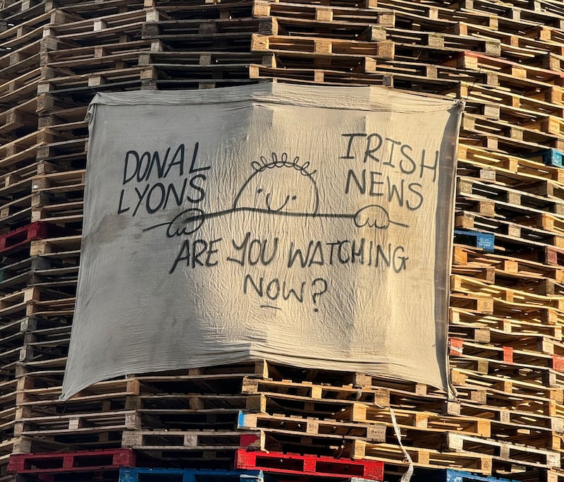 A banner displayed at a bonfire in the Milltown Road area of Belfast.