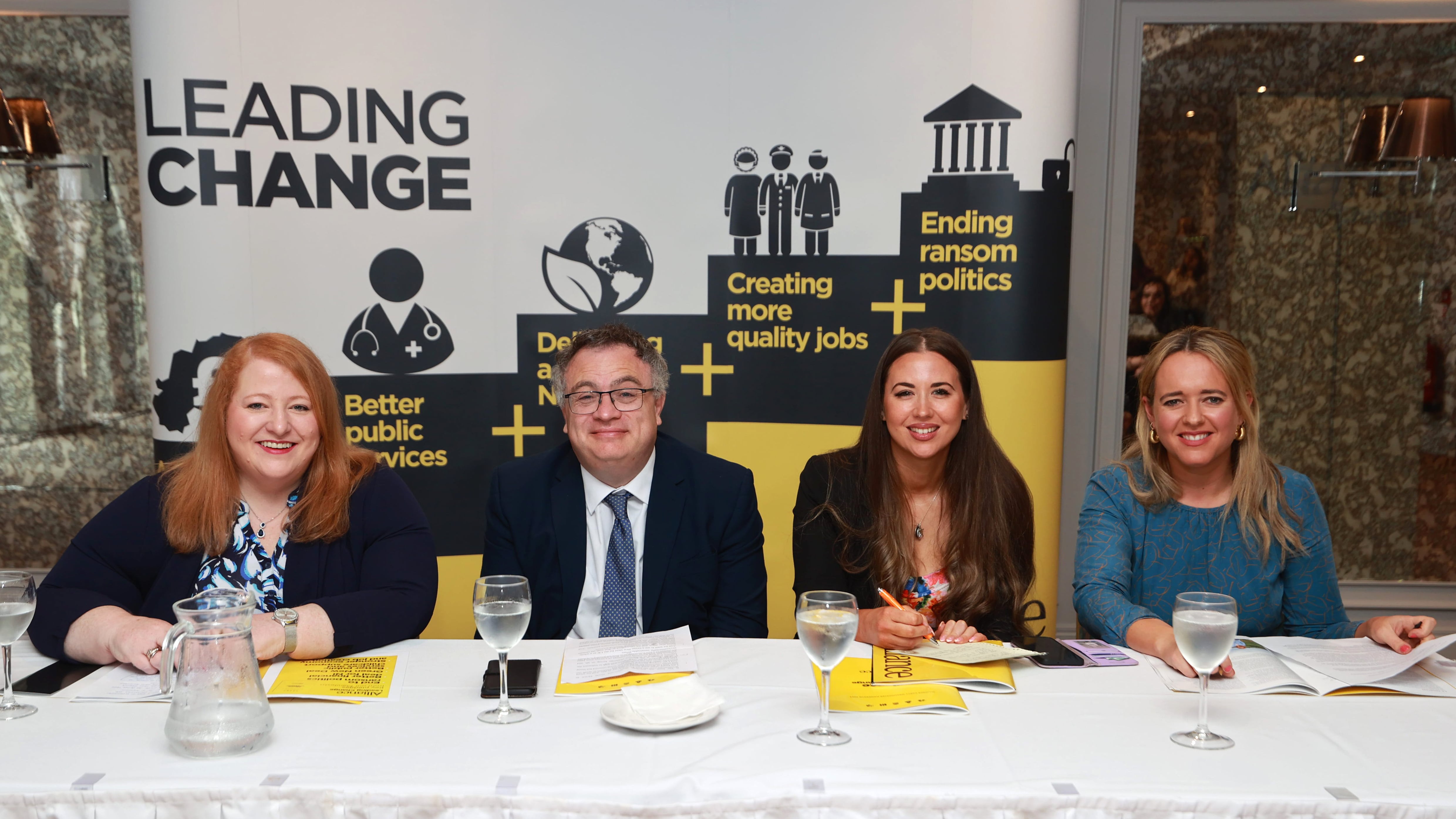 Left to right, Alliance leader Naomi Long and parliamentary candidates for North Down Stephen Farry, Lagan Valley Sorcha Eastwood and South Belfast Kate Nicholl