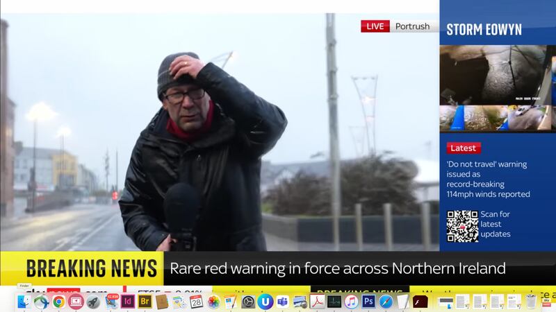 Sky News reporter Thomas Moore was buffeted by strong winds while reporting on Storm Éowyn in Portrush