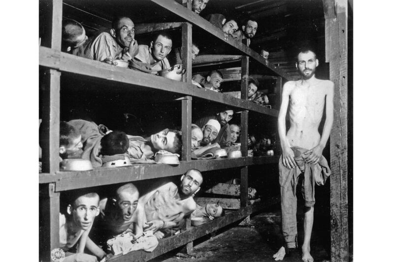 Naftali Furst and his fellow inmates inside a concentration camp in 1945. (US Army via AP)