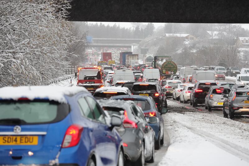 Traffic at a standstill in bad weather conditions on the M80 near Castlecary, North Lanarkshire