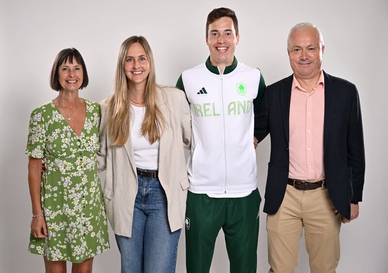 6 July 2024; Sean Murray with family during the Team Ireland Paris 2024 Family & Friends Day for Hockey at the Crowne Plaza Hotel in Blanchardstown, Dublin. Photo by David Fitzgerald/Sportsfile *** NO REPRODUCTION FEE ***