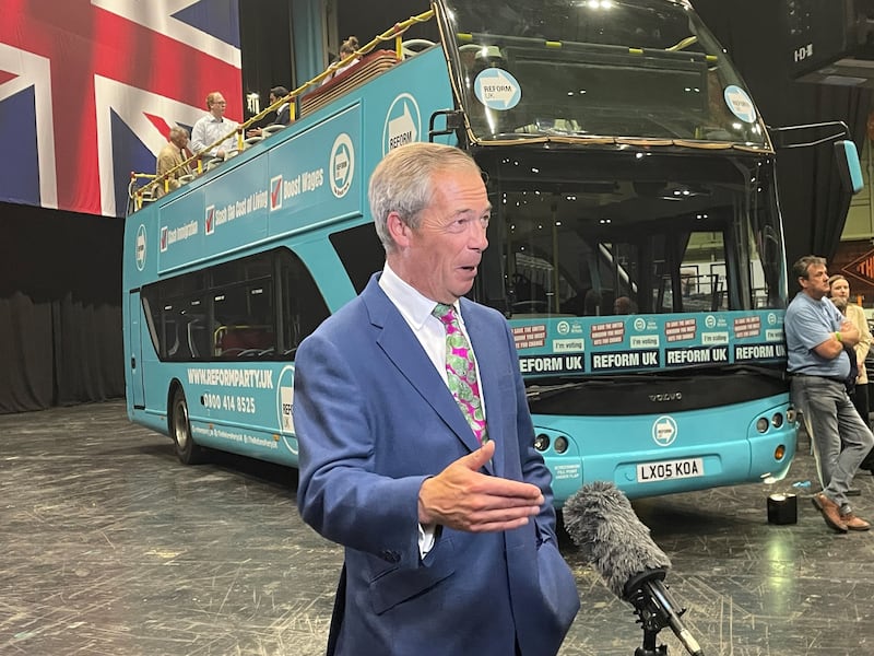 Reform UK leader Nigel Farage speaking to the media after the rally for his party at Birmingham’s NEC, while on the General Election campaign trail