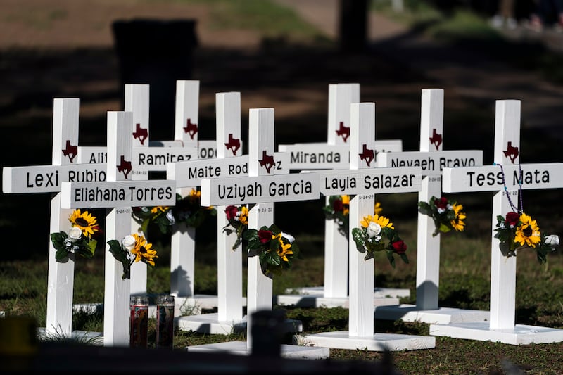 Crosses with the names of shooting victims were placed outside Robb Elementary School (Jae C. Hong/AP)