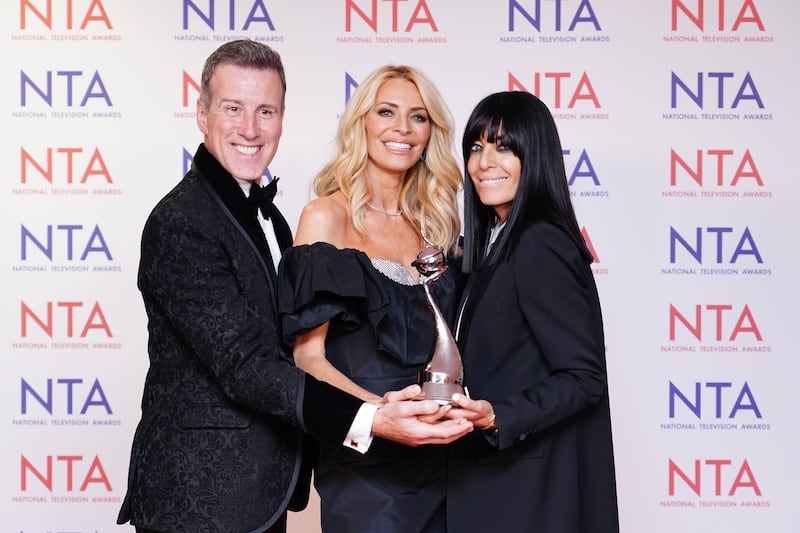 (left-right) Anton Du Beke, Tess Daly and Claudia Winkleman, won the Talent Show Award for Strictly Come Dancing at the National Television Awards