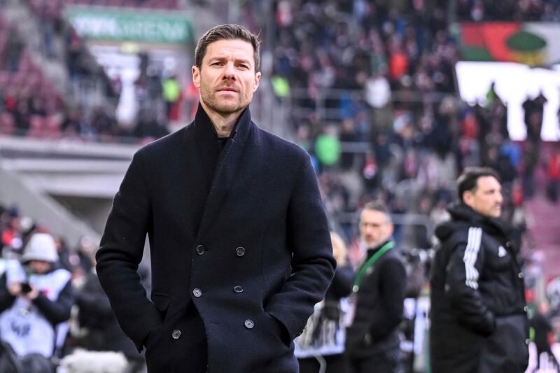 Bayer Leverkusen’s head coach Xabi Alonso before the Bundesliga game against FC Augsburg (Harry Langer/dpa via AP)