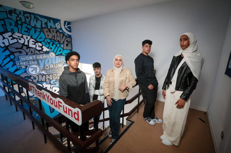 The Northern Ireland Youth Forum received a grant of £11,700 to support its ELTA programme, which will
empower 12 young asylum seekers by providing upskilling opportunities and raising awareness about the issues impacting their community in Belfast, enabling them to make a lasting impact on other newcomers. 
Pictured from left to right: Mustafa Tawfig, Ahmed Zarzore, Hani Omed, Mohammed Sattar, and Rana Tawfig from Northern Ireland Youth Forum.  

 
Picture by Matt Mackey/PressEye