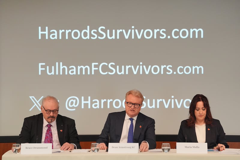 Bruce Drummond, Dean Armstrong KC and Maria Mulla, who are representing the Harrods Survivors group speak during a press conference on Thursday