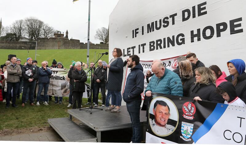 Siobhan Brown speaking at Free Derry Corner ahead of the march to Celtic Park on Sunday. PICTURE: MARGARET MCLAUGHLIN