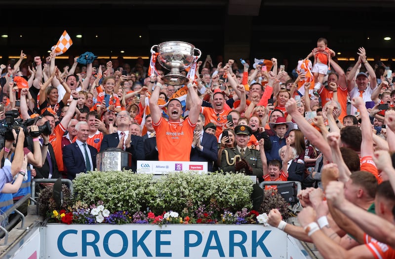 Armagh Captain Aidan Forker lifts the Sam Maguire Cup during Sunday’s All-Ireland SFC Final at Croke Park in Dublin. 
PICTURE COLM LENAGHAN