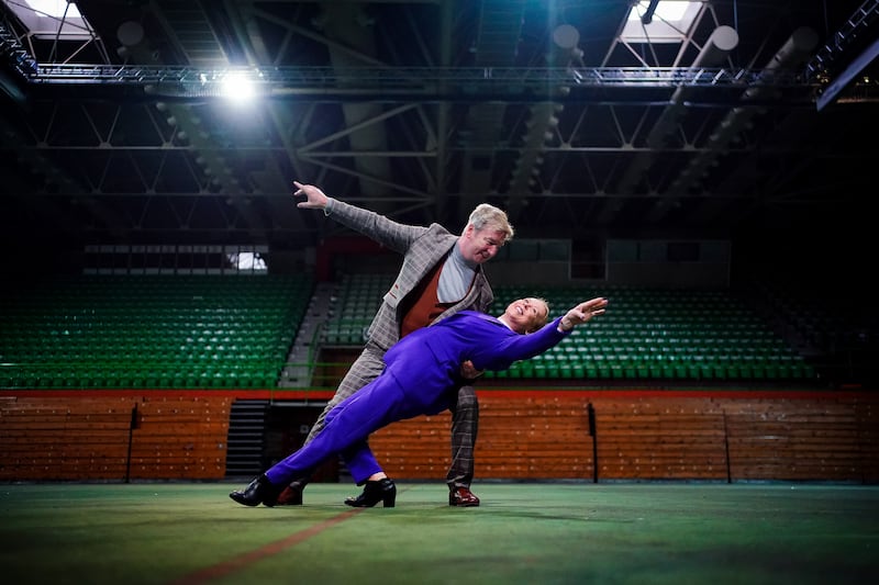 Torvill and Dean in the gymnasium that now stands at the location of the Zetra Olympic Hall ice rink, where they won their gold medals at the 1984 Winter Olympic Games