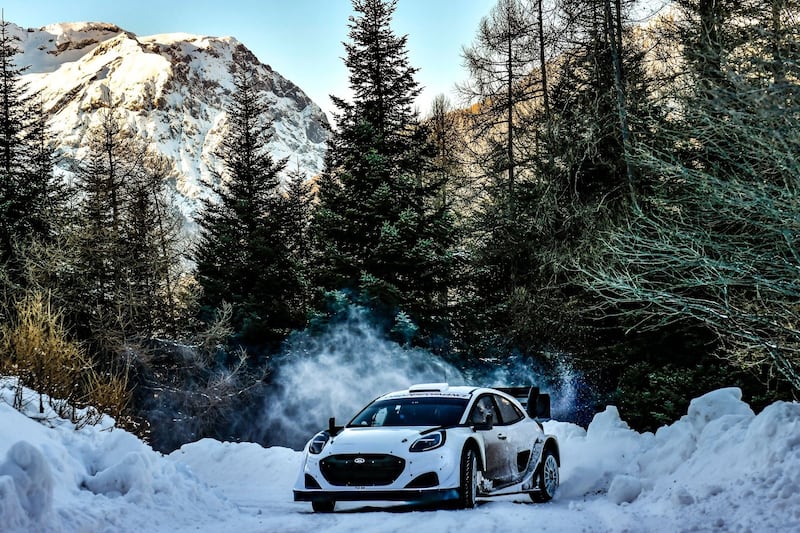 Josh McErlean testing the M-Sport Ford Puma Rally1 on snowy track prior to Rallye Monte Carlo