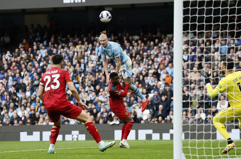 Haaland climbs to score his second of a four-goal haul against Wolves last season