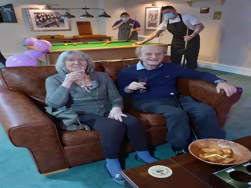 Hilary Barnby, 79, and Jim Wakefield, 88, at The Lockdown Arms in The Potteries care home in Dorset 