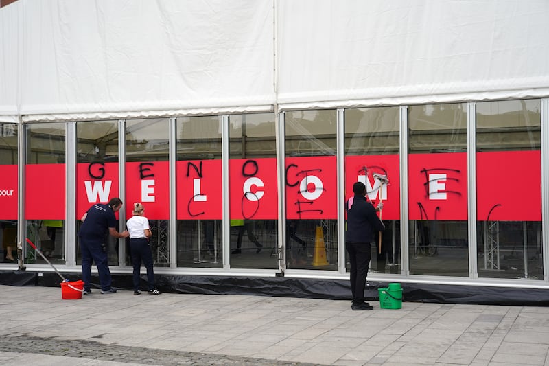 Protesters attempted to graffiti ‘genocide conference’ on the outside of the conference centre