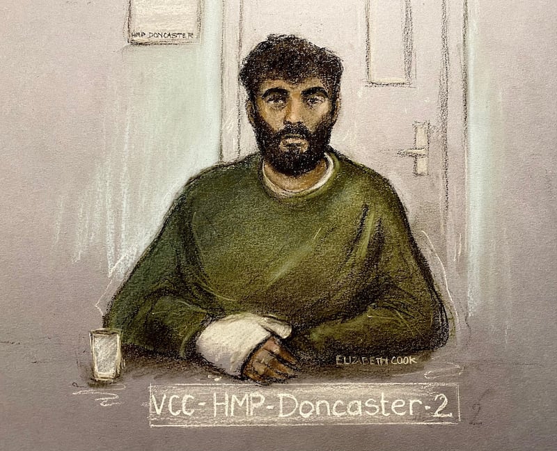 Court artist sketch by Elizabeth Cook of Hassan Jhangur, appearing via video link from HMP Doncaster, during a hearing at Sheffield Crown Court