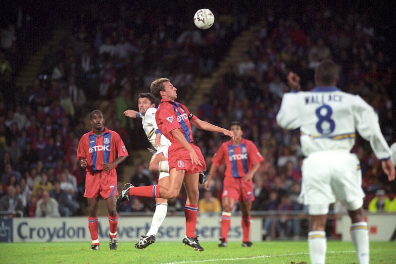 Gareth Southgate (centre) in action for Crystal Palace against Leeds .