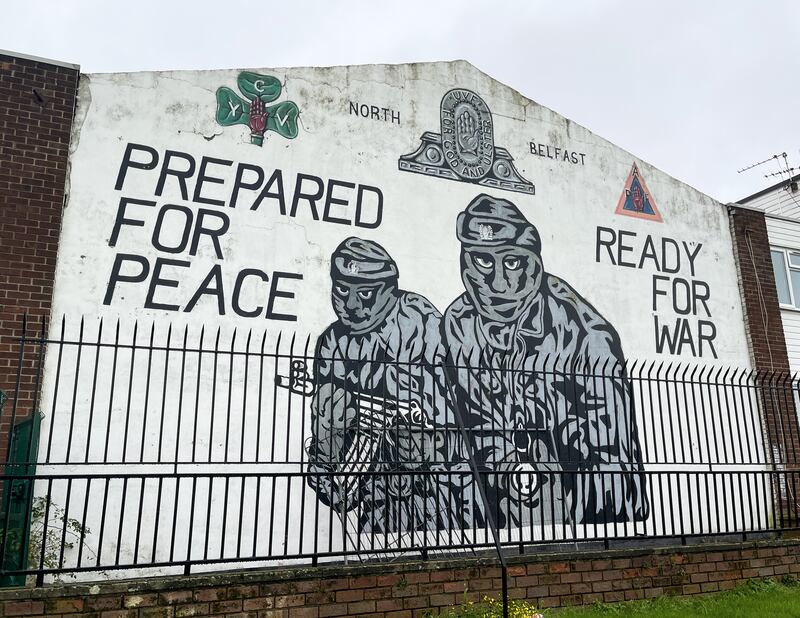 A mural to the Ulster loyalist paramilitary group the Ulster Volunteer Force (UVF) on wall at the entrance of Mount Vernon housing estate in north Belfast