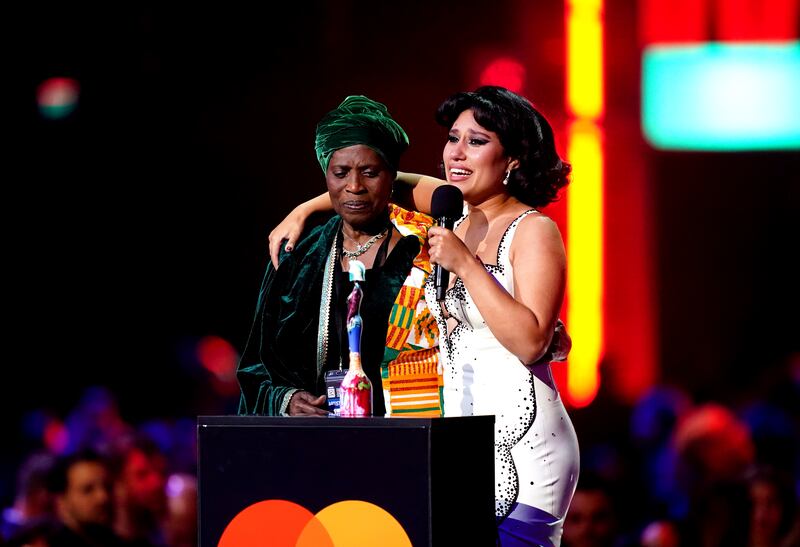 Raye, pictured with her grandmother, won Album of the Year during the Brit Awards 2024