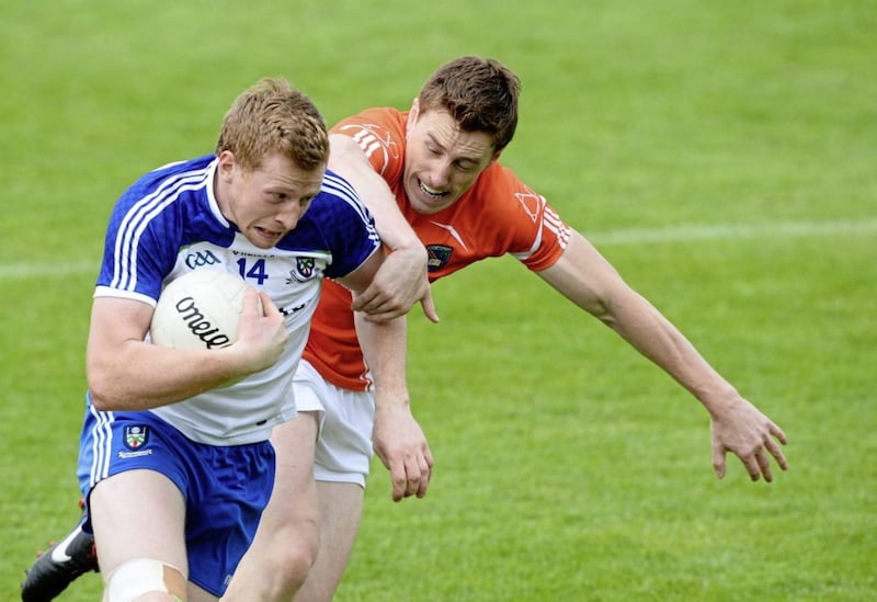 Mark Marlow 29/6/14 Armagh v Monaghan Ulster Championship  Football Semi final at Clones. Armagh&#39;s Charlie Vernon and Monaghan&#39;s Kieran Hughes during their match at Clones.  Picture Mark Marlow. 