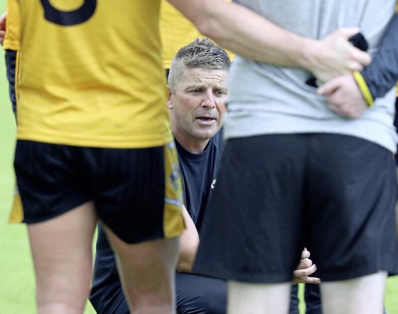 Portglenone boss John McKeever talks to his players after Sunday&#39;s five-point group stages loss to Lamh Dhearg Picture: Philip Walsh. 