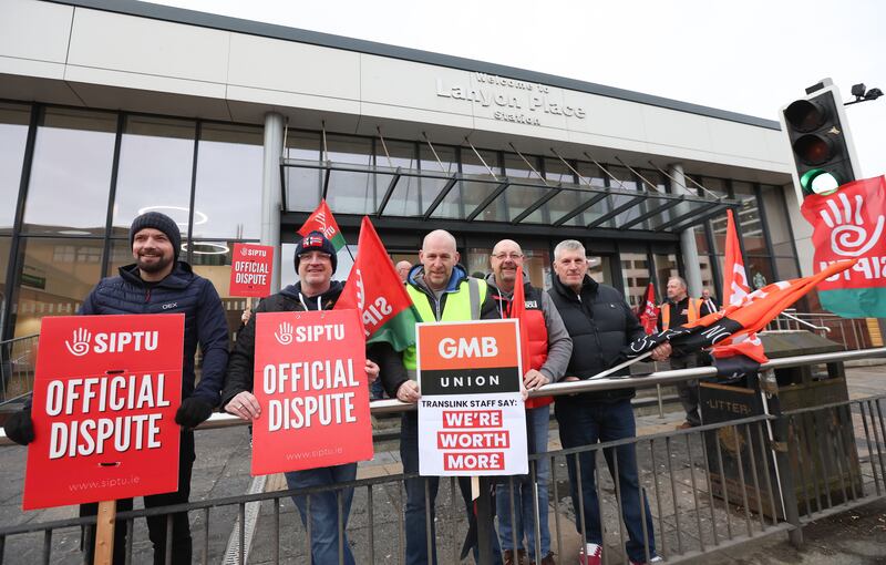 Bus and train workers strike at central station in Belfast on Thursday.
The latest industrial action comes as legislation is to be debated which could lead to the restoration of the Northern Ireland Assembly and Executive in the coming days.
PICTURE: COLM LENAGHAN