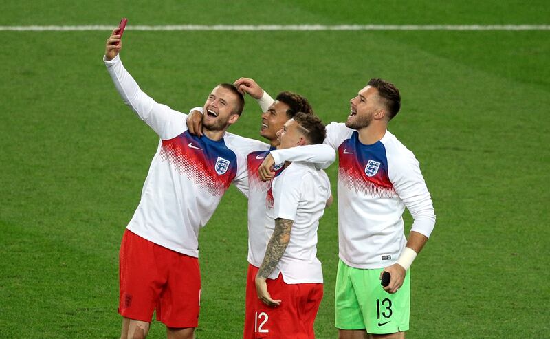 Eric Dier, Dele Alli, Kieran Trippier and goalkeeper Jack Butland take a selfie after England beat Colombia on penalties