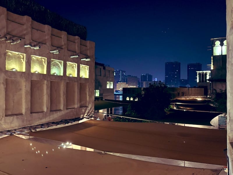 The view from a room at the Al Seef Heritage Hotel in Dubai across the creek to the city skyline.